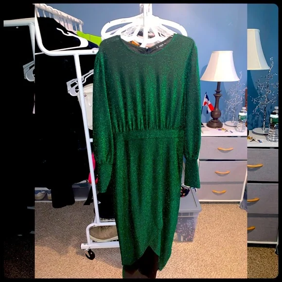 SHEIN | Dresses | Shein Plus Size Lantern Sleeve Wrap Dip Hem Glitter Green  Dress 2xl | Poshmark